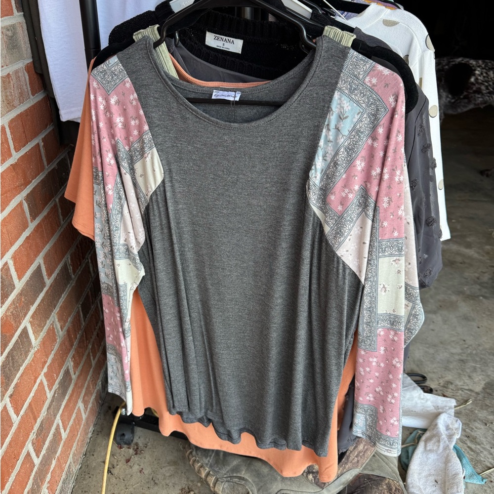 Zenana Outfitters Charcoal and Blush Patchwork Blouse